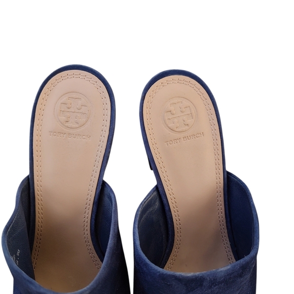 Tory Burch Navy Suede Peep Toe Mules - Picture 4 of 6